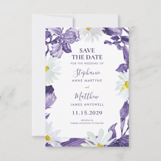 Dusty Paars Iris White Daisy Botanical Wedding Save The Date (Voorkant)