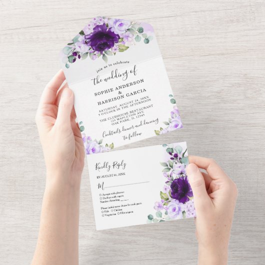 Dusty Paars Roos Lila bloemen Rustic Wedding All All In One Uitnodiging (Afscheurbaar)