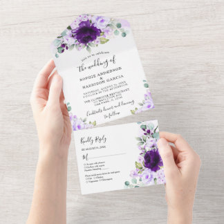 Dusty Paars Roos Lila bloemen Rustic Wedding All All In One Uitnodiging