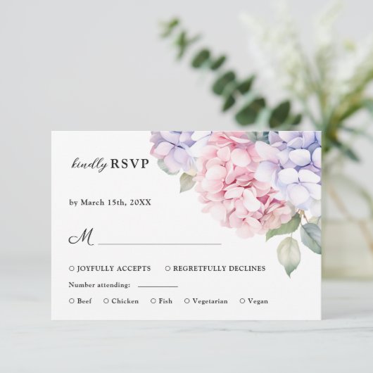 Dusty Paarse & Blush Roze Hydrangea Wedding RSVP (Staand voorkant)