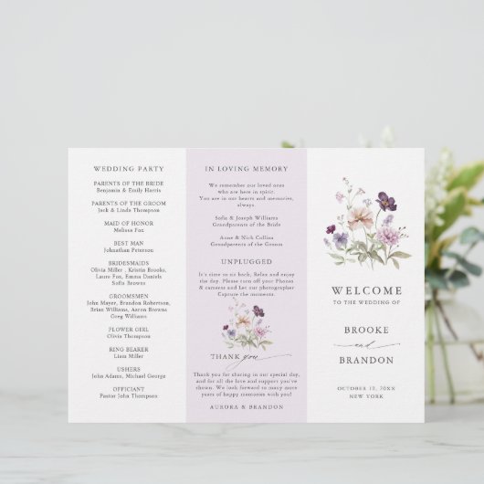 Dusty Paarse Lavendel Wildflower Wedding Program (Staand voorkant)