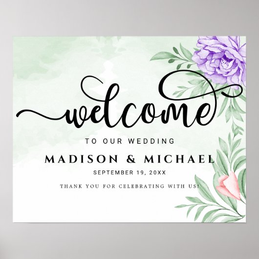 Dusty Paarse Peony Roos Greenery Leaves Wedding Poster (Voorkant)