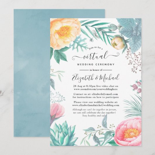 Dusty Pastel Tropical Floral Virtual Wedding Kaart (Voorkant / Achterkant)