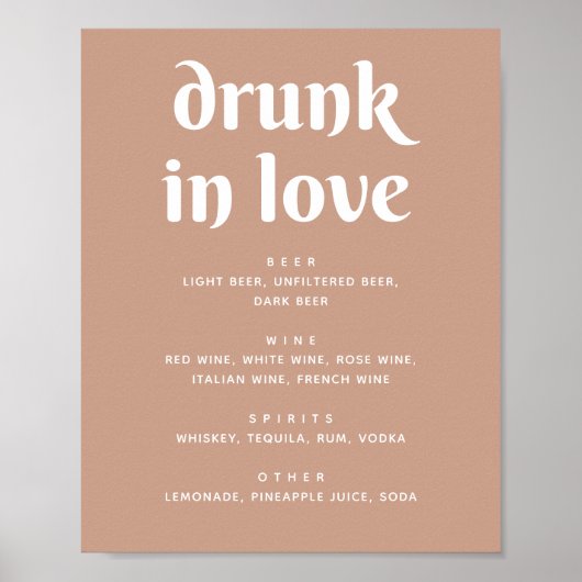 Dusty Peach Beige Wedding Bar Teken | Drunk In Lov Poster (Voorkant)