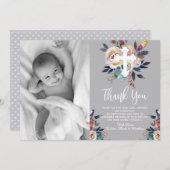 Dusty Peach Blauw Bloemen Doop Dank u kaart (Voorkant / Achterkant)