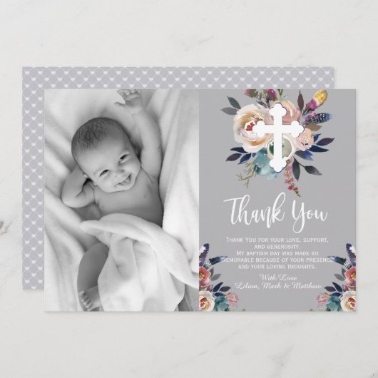 Dusty Peach Blauw Bloemen Doop Dank u kaart (Voorkant / Achterkant)