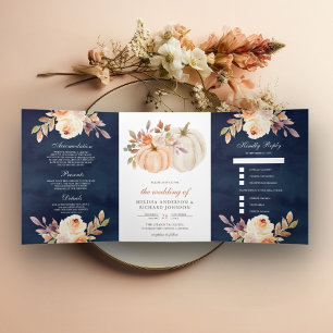 Dusty Peach Floral Pumpkin Navy Blue Wedding Drieluik Uitnodiging