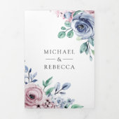 Dusty Periwinkle Blauw Roze Bloemen QR Code Bruilo Drieluik Uitnodiging (Cover)