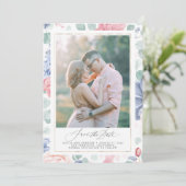 Dusty Pink Blue Floral Sla de datum fotokaart op Kaart (Staand voorkant)