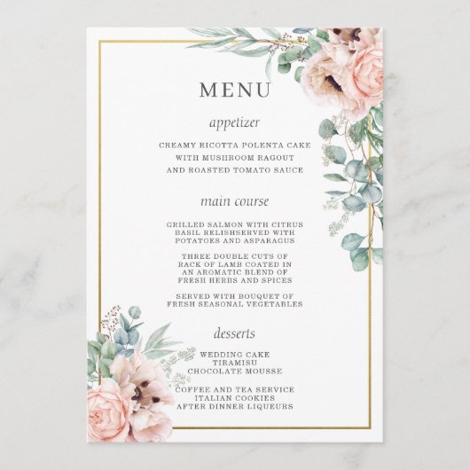 Dusty Pink Blush Rozen Poppy Floral Bar Drink Menu (Voorkant)