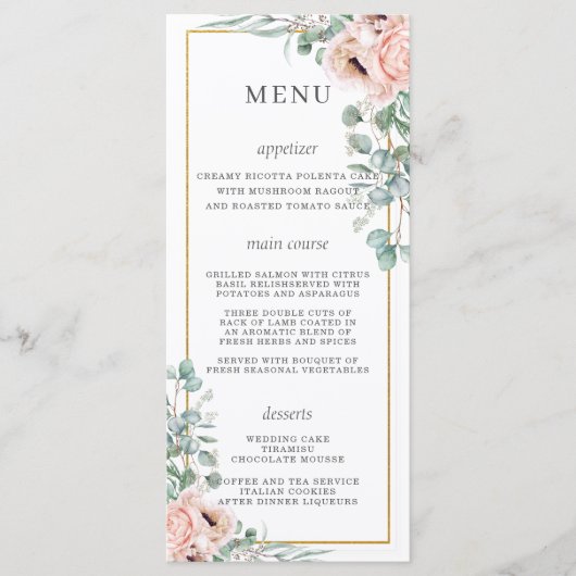 Dusty Pink Blush Rozen Poppy Floral Wedding Menu (Voorkant)