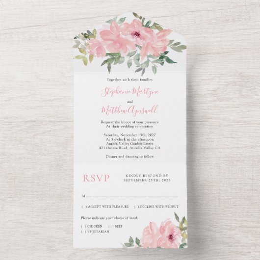 Dusty Pink Blush Waterverf Rozen Weddenschap All In One Uitnodiging (Binnen)