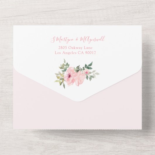 Dusty Pink Blush Waterverf Rozen Weddenschap All In One Uitnodiging (Achterkant)