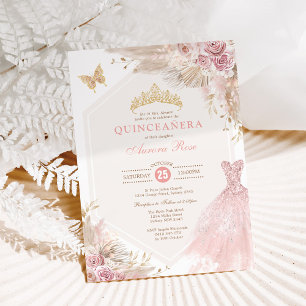 Dusty Pink Boho Floral Quinceañera 15e verjaardag Kaart