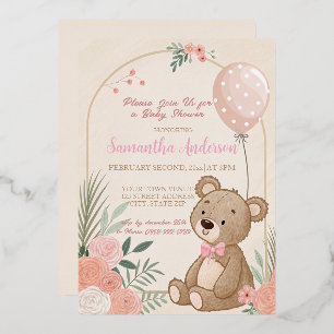 Dusty Pink Boho Teddy Bear Balloon Baby Folie Uitnodiging