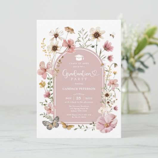 Dusty Pink Boho Wildflower Graduation Party Kaart (Staand voorkant)