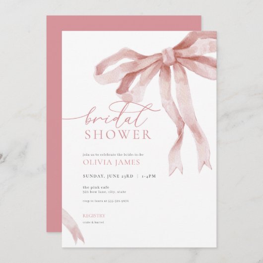 Dusty Pink Bow bruids douche uitnodiging (Voorkant / Achterkant)