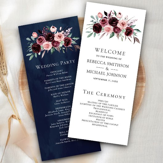 Dusty Pink Burgundy Floral Navy Wedding Programme