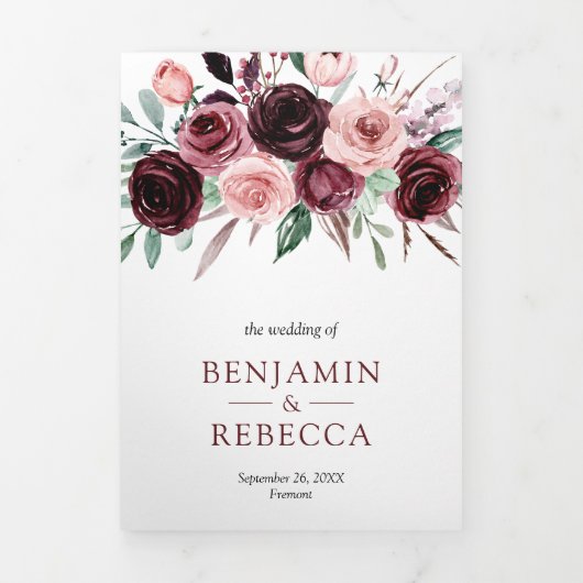 Dusty Pink Burgundy Floral QR Code Weddenschap Drieluik Uitnodiging (Cover)