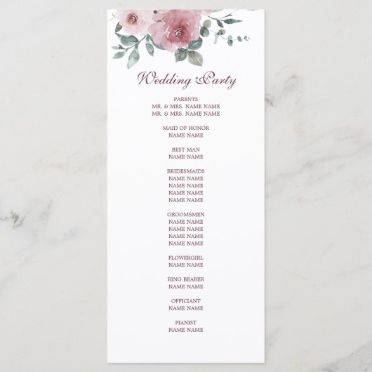 Dusty Pink Burgundy Floral Wedding Programme Programma (Achterkant)