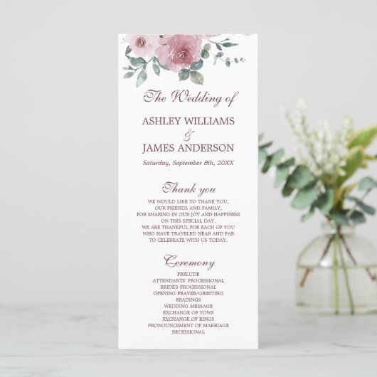 Dusty Pink Burgundy Floral Wedding Programme Programma (Staand voorkant)