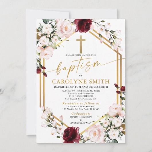 Dusty Pink en Burgundy Floral Baptism Invitation Kaart (Voorkant)