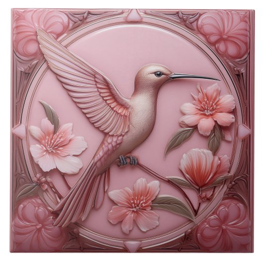 Dusty pink faux relief Art Nouveau Hummingbird R Tegeltje (Voorkant)