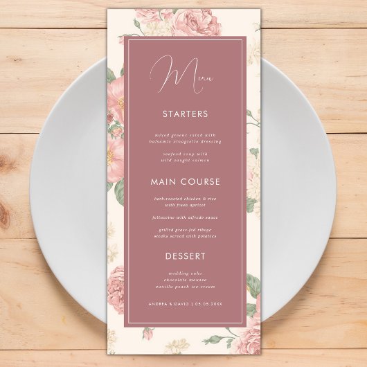 Dusty Pink Floral Botanical Weddenschap Dinner Menu