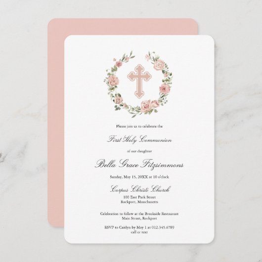 Dusty Pink Floral Cross Wreate First Community Kaart (Voorkant / Achterkant)