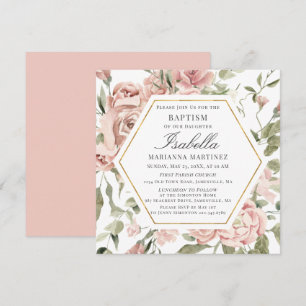 Dusty Pink Floral Gold Lijst Baptisme Invitation Kaart