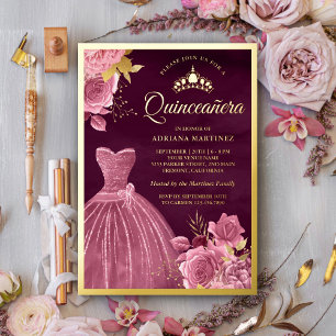Dusty Pink Floral Gown Plum Quinceanera Gold Folie Uitnodiging