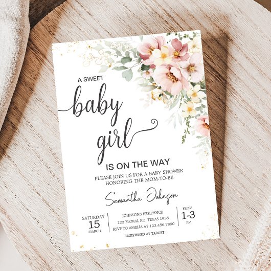 Dusty Pink Floral Greenery Baby shower Kaart