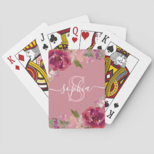 Dusty Pink Floral Monogramed Script Name Pokerkaarten