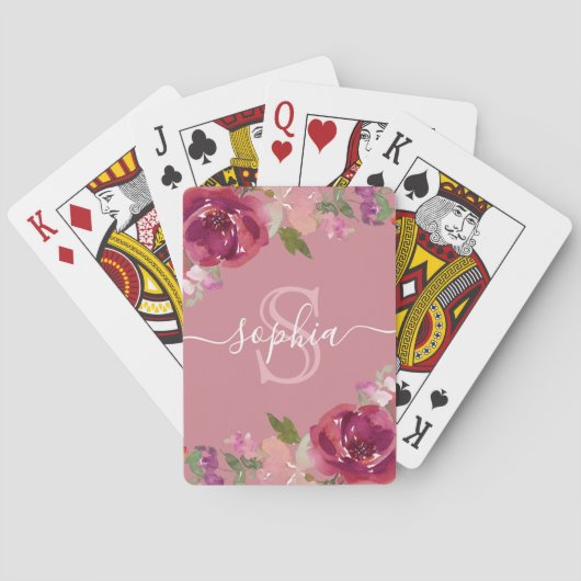 Dusty Pink Floral Monogramed Script Name Pokerkaarten (Achterkant)