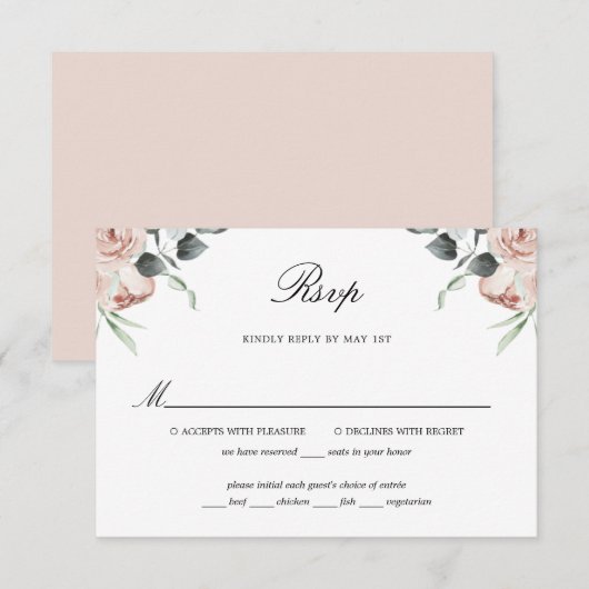 Dusty Pink Floral Rozen Wedding RSVP Kaart (Voorkant / Achterkant)