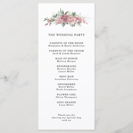 Dusty Pink Floral Wedding Program Programma (Achterkant)