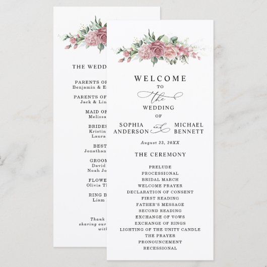 Dusty Pink Floral Wedding Program Programma (Voorkant / Achterkant)