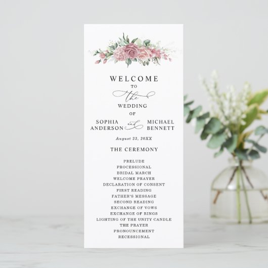 Dusty Pink Floral Wedding Program Programma (Staand voorkant)