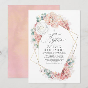 Dusty Pink Flowers Elegant Girls Baptism Invitatio Kaart