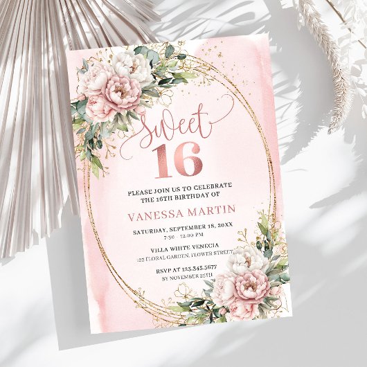 Dusty Pink Flowers Eucalyptus Sweet 16 Invitation