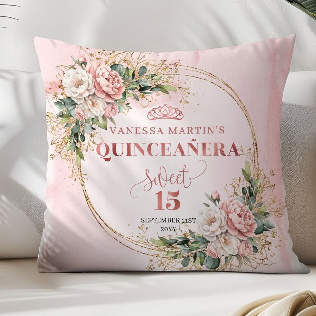 Dusty Pink Flowers Greenery Sweet 15 Pillow Gift Kussen (Dusty Pink Flowers Greenery Sweet 15 Pillow Gift)