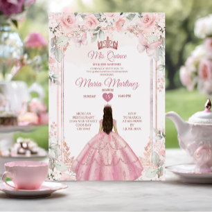 Dusty Pink Flowers & Roos Gold Crown Mis Quince Kaart