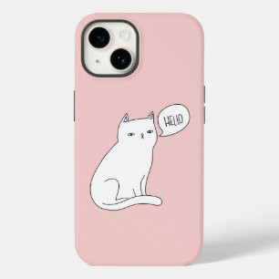 Dusty Pink Funny White Cat Drawing Hallo Case-Mate iPhone 14 Hoesje