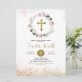 Dusty Pink Gold Cross Girl Baptism Invitation (Debout devant)