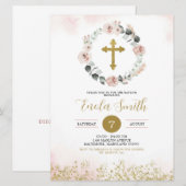 Dusty Pink Gold Cross Girl Baptism Invitation (Devant / Derrière)