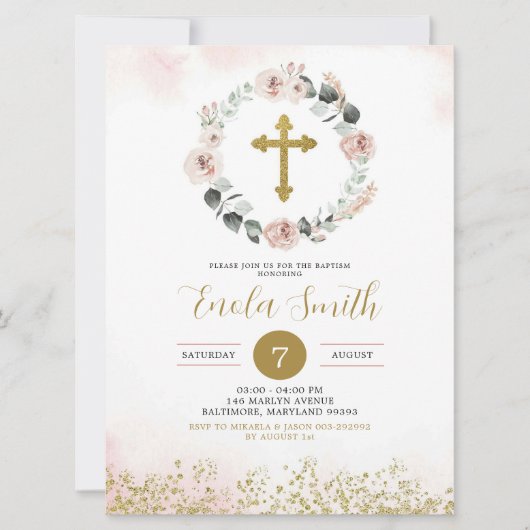 Dusty Pink Gold Cross Girl Baptism Invitation (Devant)