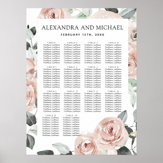 Dusty Pink Groene Floral Wedding Seding Chart Poster (Voorkant)