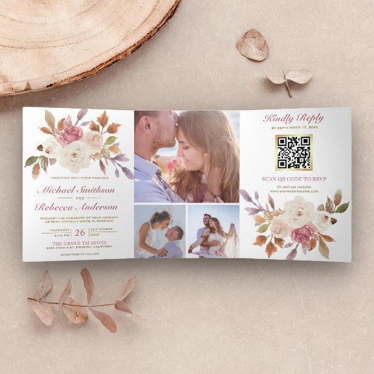 Dusty Pink Ivory Floral Foto QR Code Weddenschap Drieluik Uitnodiging