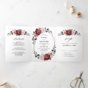 Dusty Pink Mauve Roos Floral Geometric Wedding Drieluik Aankondiging