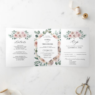 Dusty Pink Mauve Roos Floral Geometric Wedding Drieluik Aankondiging